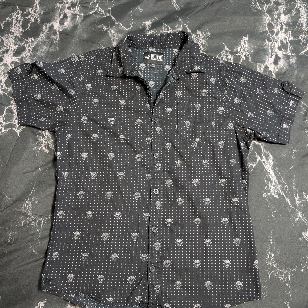 RUDE Black Short-Sleeve Button-Up Shirt with Skull Print